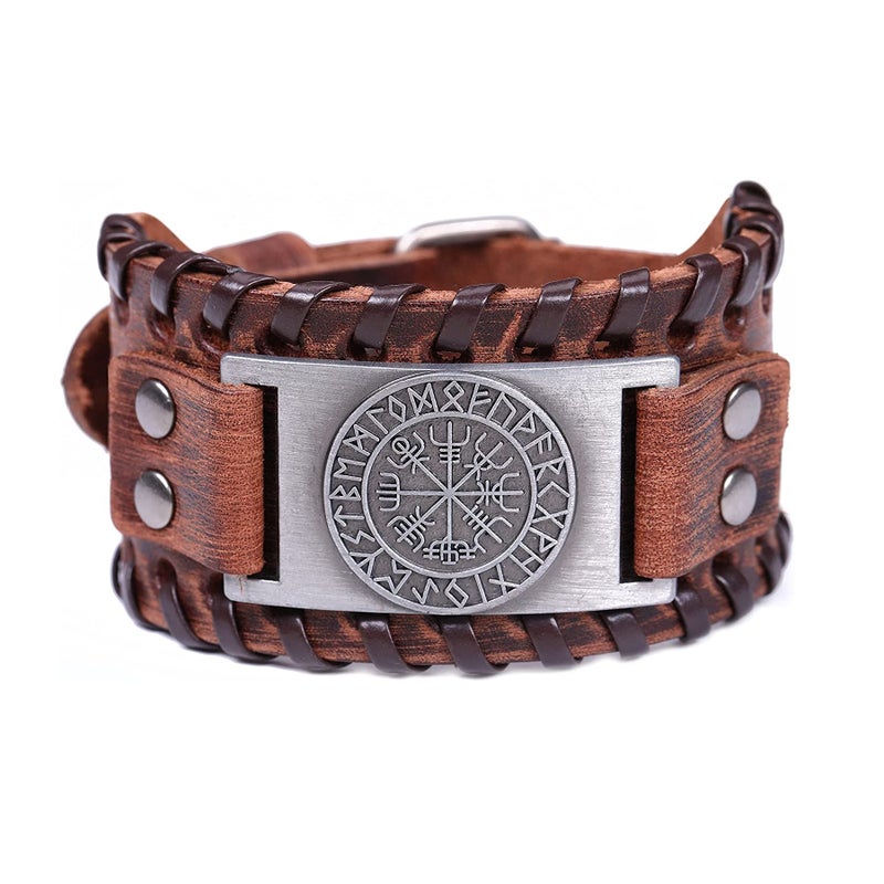 HAQUIL Viking Bracelet for Men, Viking Runes Vegvisir Icelandic Compass Talisman, Nordic Brown Wide Leather Wristband, Norse Jewelry Gifts - Image 1